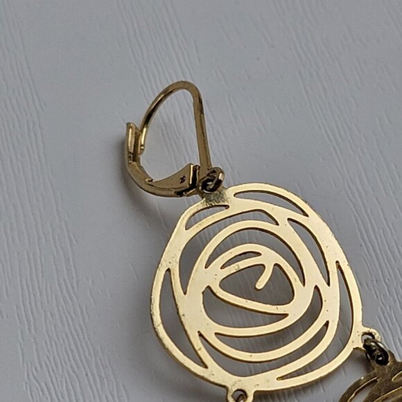 Vintage Gold-Tone Rose Cut-Out Swirl Link Dangle Earrings Leverback 2.5" - Picture 3 of 5